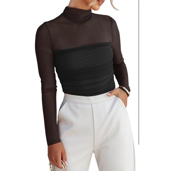 ReoRia Tops - Womens Sexy Sheer Mesh Black Long-Sleeve Mock Turtleneck Bodysuit Reoria Medium
